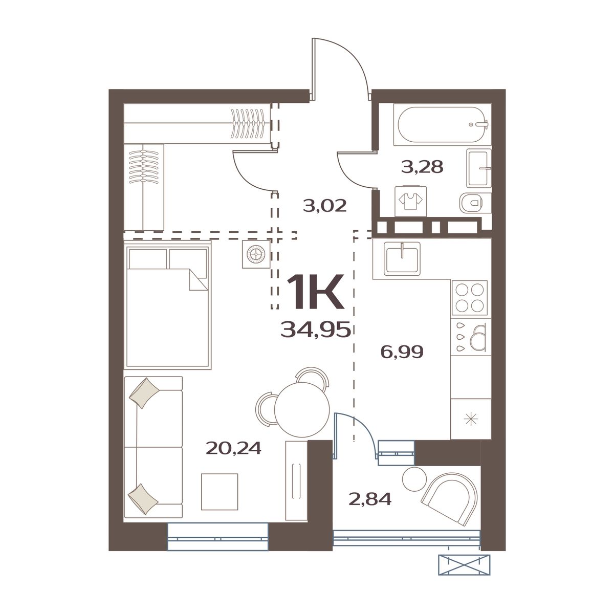 ЖК Меридианы Улисса, 1-комн кв 34,95 м2, за 5 555 000 ₽, 1 этаж